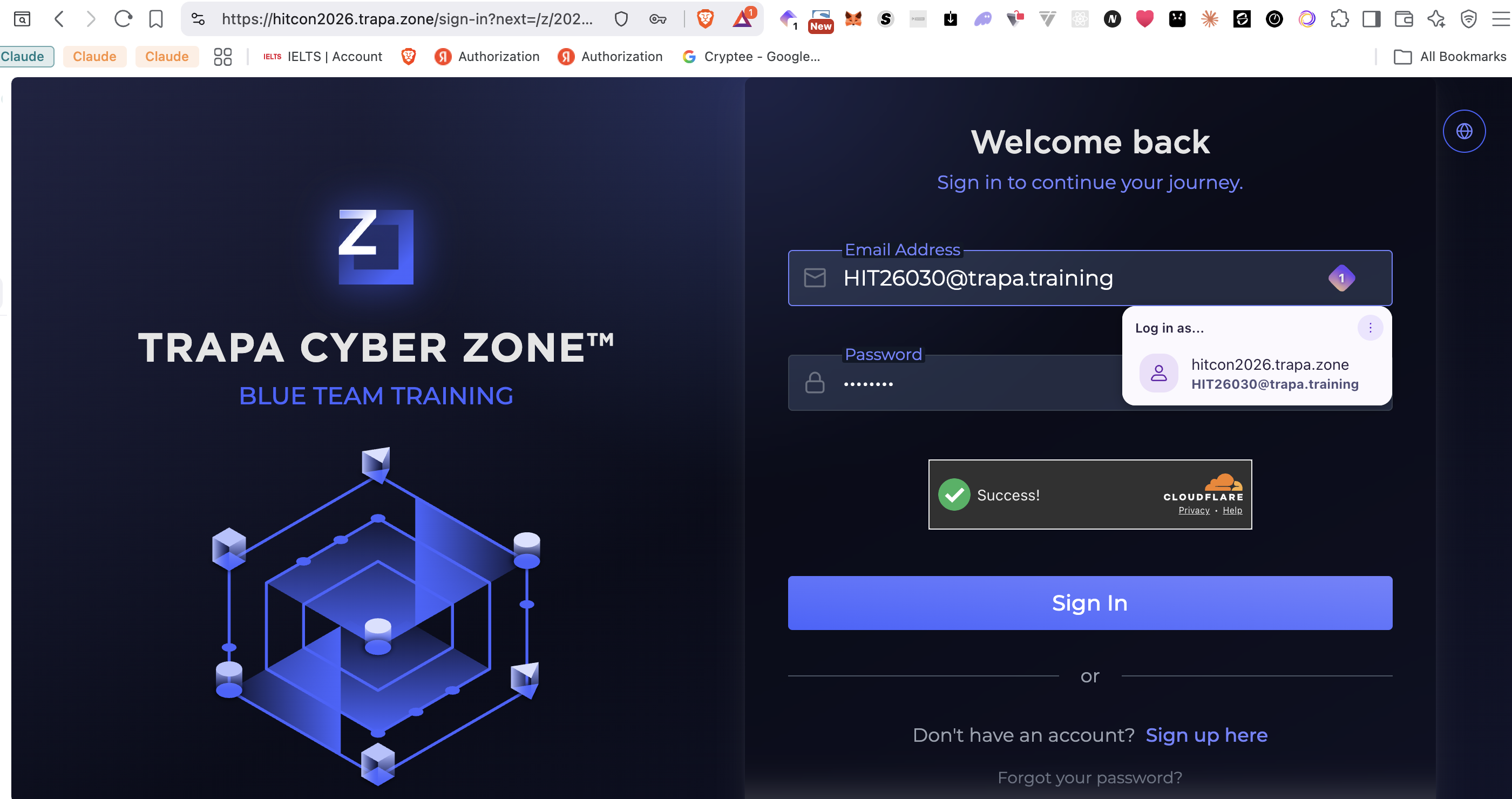 TRAPA CYBER ZONE Blue Team Training sign-in page at hitcon2026.trapa.zone, with the registered account HIT26030@trapa.training filled in and a Cloudflare Turnstile check showing Success